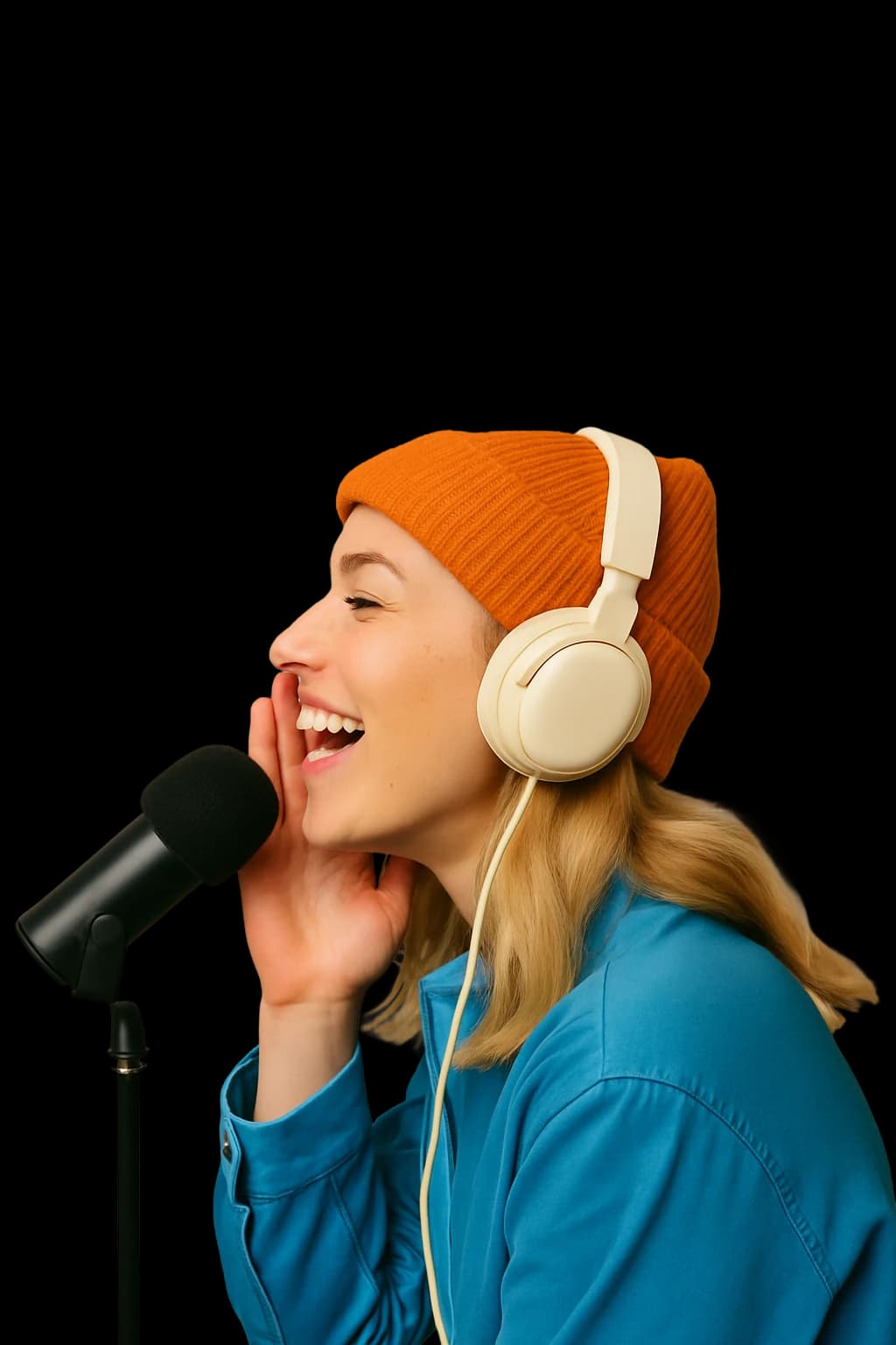 A podcast host laughing into a studio microphone while wearing headphones